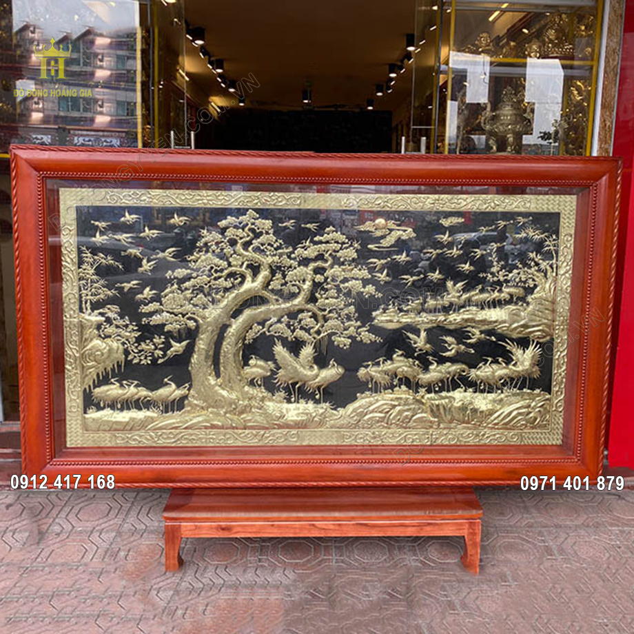 Tranh B&aacute;ch Hạc Quần T&ugrave;ng Bằng Đồng V&agrave;ng 2M62